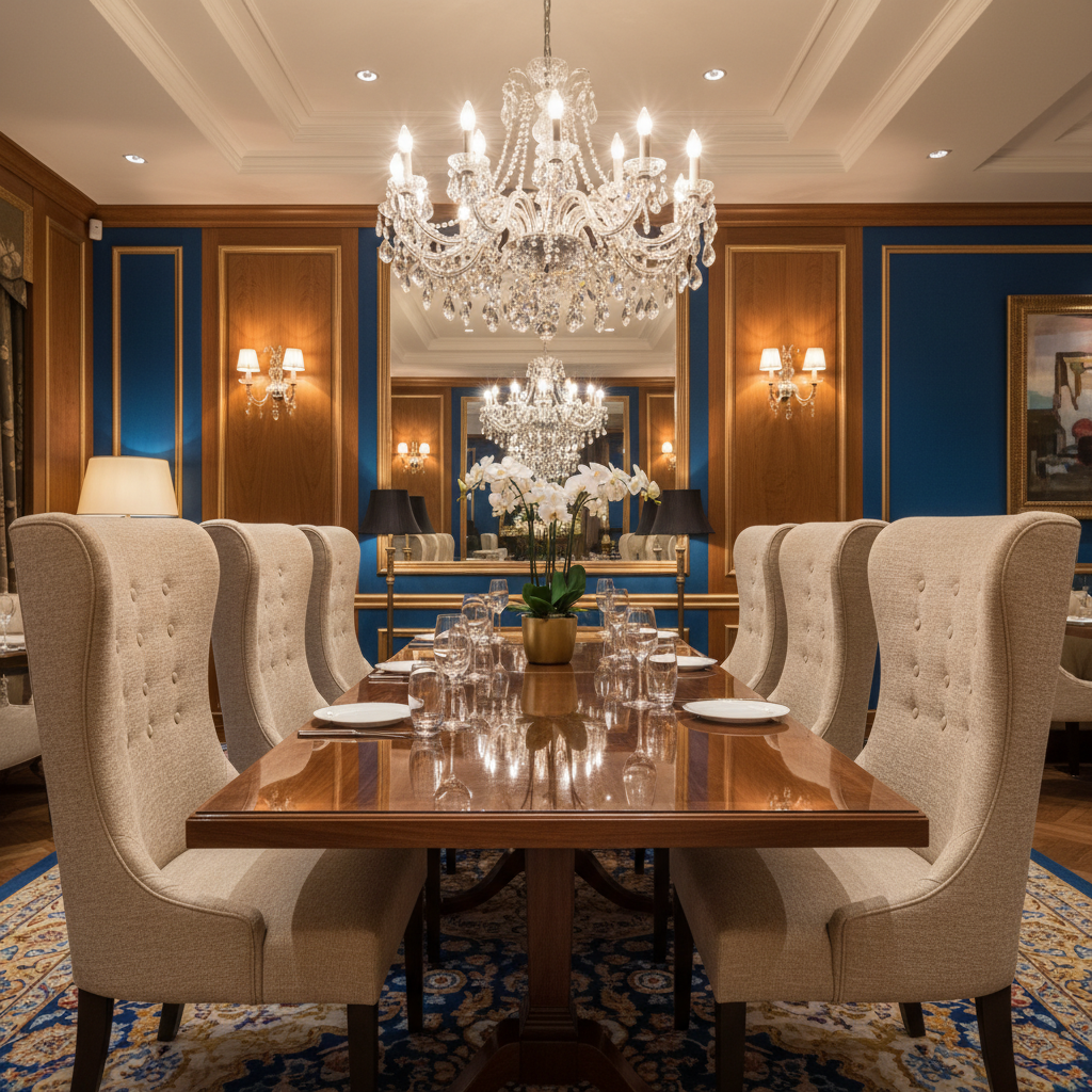 광택이 나는 월넛 다이닝 테이블과 높은 등받이의 천 소파 의자, 그리고 천장의 크리스털 샹들리에가 반사되는 화려한 식당 인테리어.