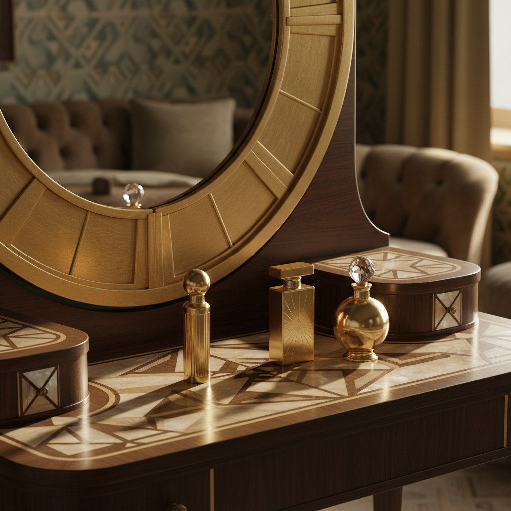 대형 원형 거울과 기하학적 문양의 인레이 장식이 특징인 아트 데코 화장대 위에 놓인 우아한 금색 향수병들.