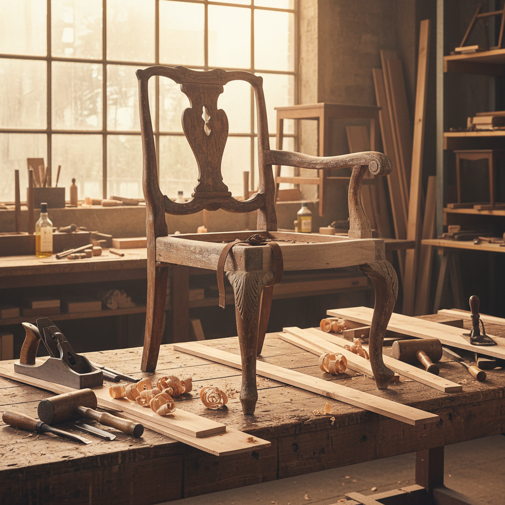 전통적인 목공 도구와 대패질된 나무 조각들에 둘러싸인 채 복원 과정을 거치고 있는 고풍스러운 치펀데일 의자의 빈티지한 모습.